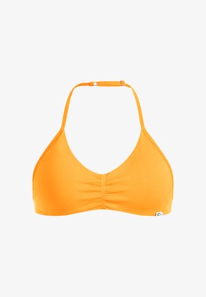 Top bikini arancione brillante con centro arricciato e spalline regolabili. Realizzato in tessuto liscio, con hardware minimo visibile.
