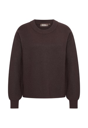 Donkerbruin langekouse trui van breiwerk met geribde ronde hals en manchetten, iets gepofte mouwen en een relaxte pasvorm.