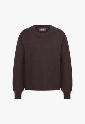 Donkerbruin langekouse trui van breiwerk met geribde ronde hals en manchetten, iets gepofte mouwen en een relaxte pasvorm.