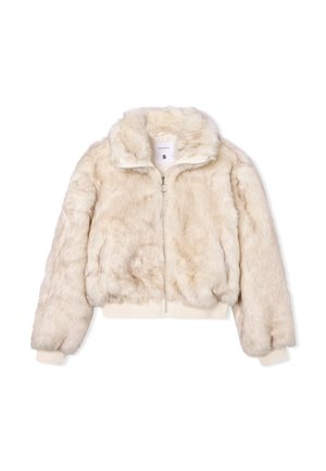 Giacca cropped in finta pelliccia crema con zip frontale, colletto alto e polsini e orlo a costine. Presenta una texture morbida e una silhouette rilassata.