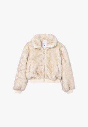Giacca cropped in finta pelliccia crema con zip frontale, colletto alto e polsini e orlo a costine. Presenta una texture morbida e una silhouette rilassata.