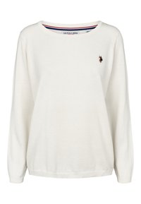 Pull blanc à manches longues en tissu tricoté. Présente une encolure bateau, des poignets côtelés et un petit logo brodé sur la poitrine.