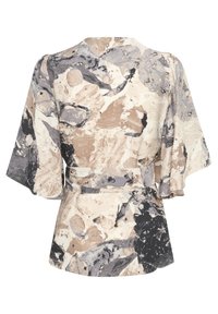 Blouse à manches courtes, cache-cœur, avec un motif abstrait beige, crème et gris. Dotée d'une taille ceinturée et d'un tissu à texture lisse.