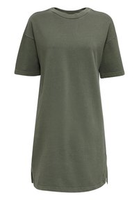 Khaki short-sleeve t-shirt dress made from soft cotton with a relaxed fit, featuring side slits and a round neckline.