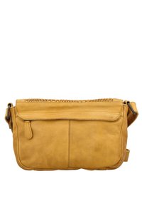 Borsa a tracolla gialla in pelle con finitura texture, dotata di manico intrecciato, tasca anteriore con zip e tracolla regolabile.