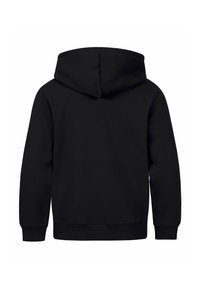 Schwarze Kapuzenjacke mit Kängurutasche, Kordelzug-Haube, gerippten Bündchen und Saum, aus einem weichen Stoff mit glatter Textur gefertigt.