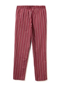 Rood-witte gestreepte broek met een elastische tailleband, gemaakt van gladde stof, met verticale strepen en een taps toelopend ontwerp.