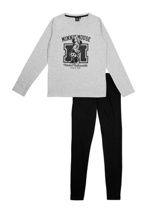 Top grigio a maniche lunghe con grafica "Minnie Mouse" e leggings neri. Materiale in cotone, vestibilità comoda, scollatura rotonda e vita elastica.