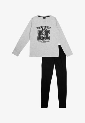 Graues Langarmshirt mit "Minnie Mouse" Grafik und schwarzen Leggings. Aus Baumwolle, lockere Passform, runder Halsausschnitt und elastischer Bund.