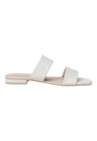 Sandali a scivolo bianchi in pelle con due fasce larghe, sole piatto e un accento beige delicato sulla suola. Texture liscia e design minimalista.