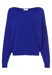 Sininen ylisuuri neulotun neulepusero leveällä pyöreällä pääntiellä, lasketuilla harteilla ja resorikäänteillä. Pehmeä tekstuuri kevyellä viimeistelyllä.