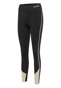 Svarta leggings med hög midja, med en beige sidopanel och detaljkant. Tillverkade av stretchigt, slätt tyg. Hummel-logotyp vid midjan.