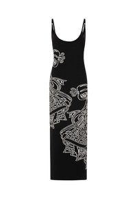 Zwarte mouwloze maxi-dress met witte geborduurde patronen van dansers, met een aangesloten silhouet en zachte textuur.