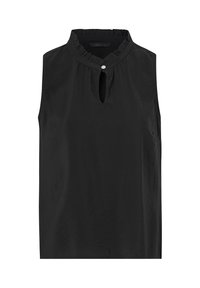 Blouse noire sans manches avec col à volants et petite ouverture en forme de trou de serrure, fermée par un seul bouton décoratif au niveau du cou.