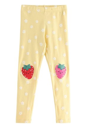 Gule børneleggings med hvid blomsterprint og smilende røde og pink jordbær-patches på knæene.