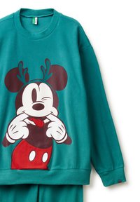 Felpa in pile verde acqua con grande grafica giocosa di Topolino che indossa corna da renna, fa l'occhiolino e mostra la lingua.