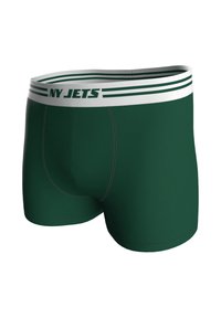 Zelené boxerky s bílým elastickým pasem se zelenými proužky a výrazným nápisem „NY JETS“. Hladká textura.