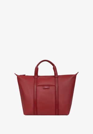 Rode leren tote bag met twee bovenhandvatten, rechthoekige vorm, textuur oppervlak, en een voorvak met een merklabel.