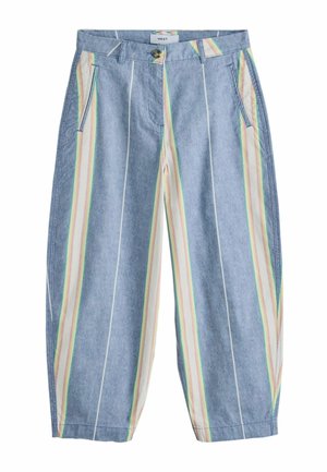 Blaue kurze Hosen mit vertikalen pastellfarbenen Regenbogenstreifen, Seitentaschen, Gürtelschlaufen und Knopfverschluss in der Taille.