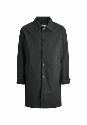 Musta, kevyt trench-coat, jossa on napitettu etuosa, klassinen kaulus ja sivutaskut. Ominaisuuksina suora leikkaus ja säädettävät hihansuut.