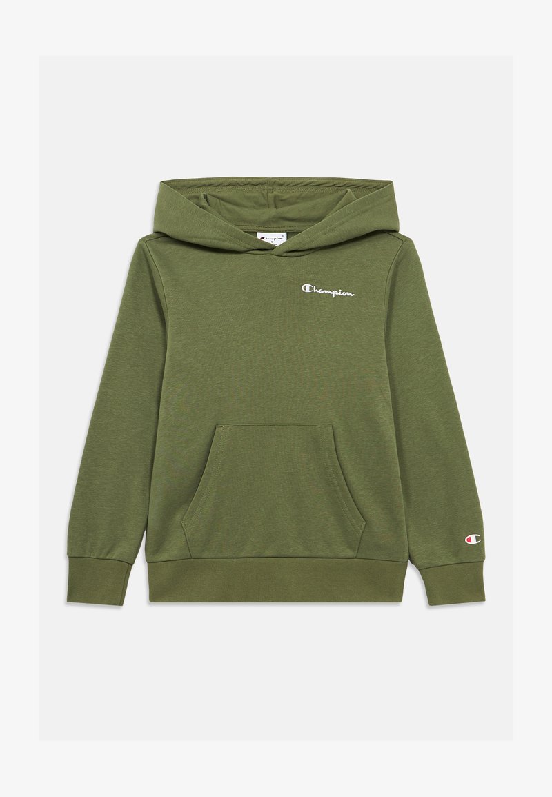 Φούτερ με κουκούλα σε ελιά χρώμα, κατασκευασμένο από απαλό ύφασμα, με τσέπη καγκουρό, ρυθμιζόμενη κουκούλα και κεντητό λογότυπο Champion στο στήθος.