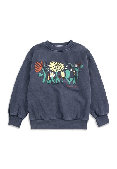 Sudadera azul oscuro con cuello redondo, con un gráfico floral colorido en el pecho y el texto "BOBO CHOSES" en letras pequeñas rojas debajo.