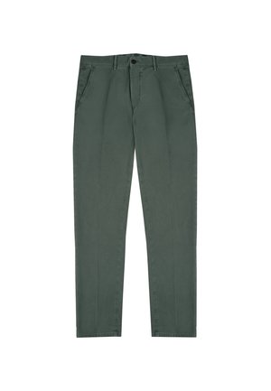 Pantalons en coton vert foncé avec une coupe droite, dotés de deux poches latérales, d'une fermeture boutonnée et d'un tissu texturé. Design minimaliste.
