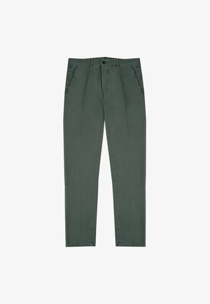 Dunkelgrüne Baumwollhosen mit geradem Schnitt, ausgestattet mit zwei Seitentaschen, einem Knopfverschluss und strukturiertem Stoff. Minimalistisches Design.