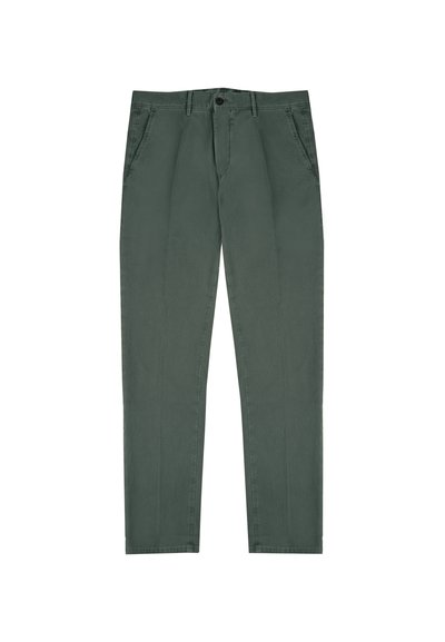 Pantaloni in cotone verde scuro con vestibilità dritta, dotati di due tasche laterali, chiusura con bottone e tessuto texturizzato. Design minimalista.