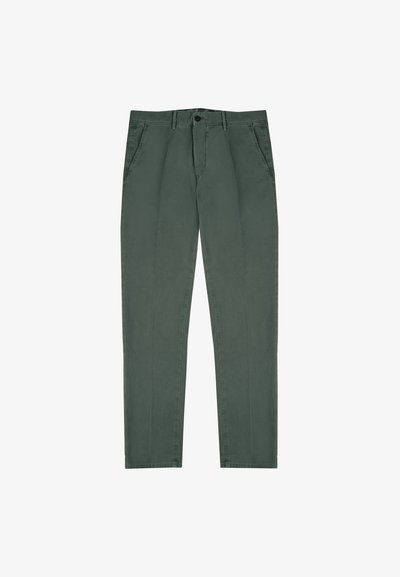 Ciemnozielone bawełniane spodnie o prostym kroju, z dwoma kieszeniami bocznymi, z zapięciem na guzik oraz teksturowanym materiałem. Minimalistyczny design.