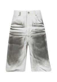Shorts en denim taille haute avec une finition dégradée métallique argentée, poches avant, passants pour ceinture et fermeture par bouton.