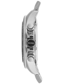 Silver stainless steel watch with three circular pushers, black BOSS logo, flat mineral glass, and a sleek, rounded case design.