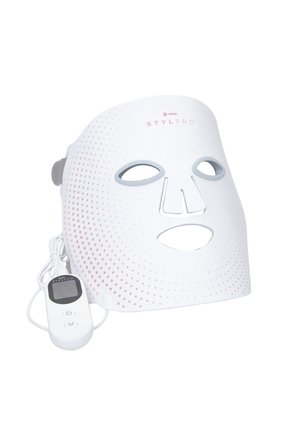 White LED facial mask with pink dotted pattern, featuring cutouts for eyes and mouth, and a detachable control unit with buttons and display.