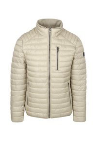 Beige gewatteerde jas met een staande kraag, volledige rits en een ritszak op de borst. Heeft zijzakken en een soepele textuur.