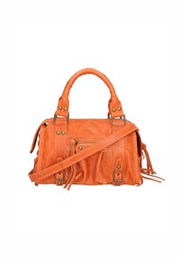 Borsa a mano in pelle arancione con finitura testurizzata, doppi manici, tracolla staccabile e tasca con zip frontale. Inclusi dettagli in metallo.