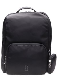 Zaino in nylon nero con una superficie liscia, dotato di tasca con zip frontale, manico superiore e una piccola borsa staccabile sul lato.