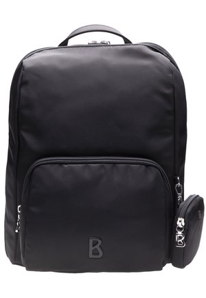 Sac à dos en nylon noir avec une texture lisse, comprenant une poche zippée à l'avant, une poignée supérieure et une petite pochette détachable sur le côté.