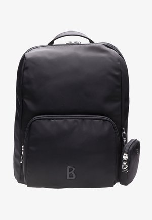 Schwarzer Nylon-Rucksack mit glatter Textur, ausgestattet mit einer vorderen Reißverschlusstasche, einem Handgriff oben und einem kleinen abnehmbaren Beutel an der Seite.
