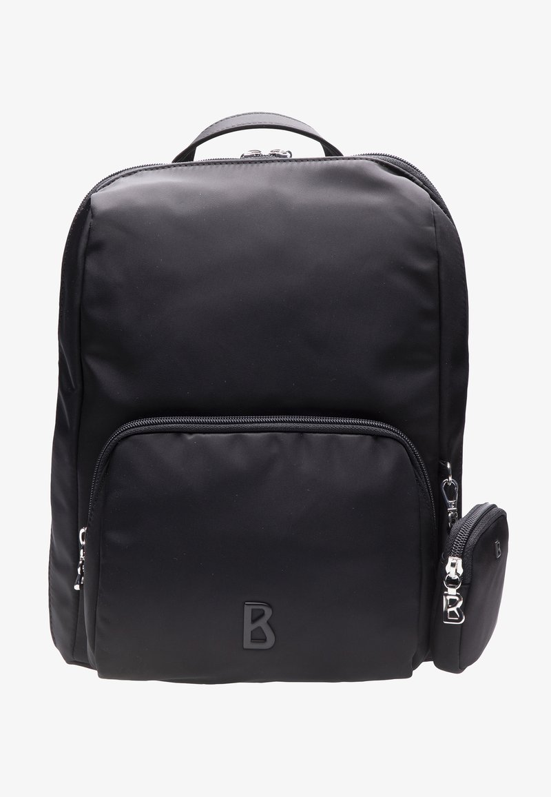 Črn najlon nahrbtnik z gladko teksturo, ki ima sprednji žep na zadrgo, zgornji ročaj in majhno snemljivo torbico na strani.