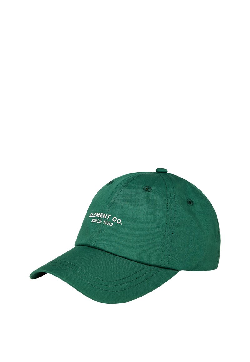 Grøn bomulds-baseball cap med en buet skygge, med hvid "ELEMENT CO. SINCE 1992" broderi på forsiden og en detalje med en topknap.