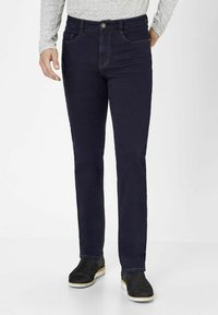 Navy blue denim jeans with a classic straight-leg fit, featuring front pockets and a metal button closure. Smooth texture and durable fabric.