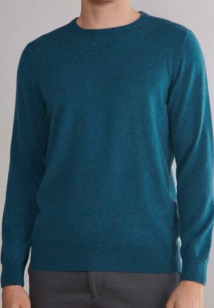Homme portant un pull à col rond à manches longues de couleur bleu sarcelle, associé à un pantalon gris foncé, présenté de la nuque jusqu'aux hanches sur un fond uni.