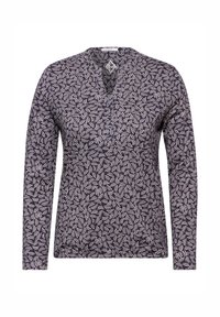 Chemise à manches longues en tissu bleu marine avec un motif de feuilles blanches, décolleté en V et coupe décontractée. Texture lisse avec un look décontracté.
