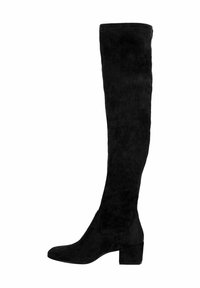 Zwarte over-de-knie laars van zacht suede, met een blokhak, ronde neus en een naadloos ontwerp voor een slank silhouet.