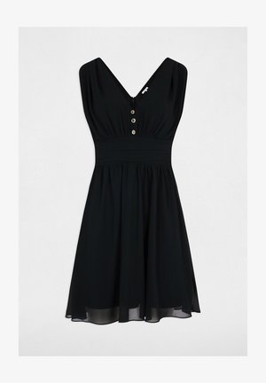Abito nero senza maniche con scollatura a V, con una parte frontale con bottoni e vita arricciata. Realizzato in tessuto morbido con una gonna fluida.