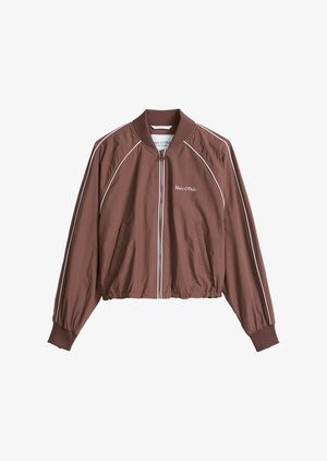 Veste bomber marron clair avec passepoil blanc le long des manches, fermeture éclair à l’avant, col et poignets côtelés, et logo « Marc O'Polo » sur la poitrine.