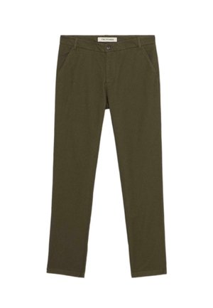 Pantalones verde oliva de mezcla de algodón, con cierre de botón, trabillas para cinturón y dos bolsillos frontales, con un diseño de pierna recta.
