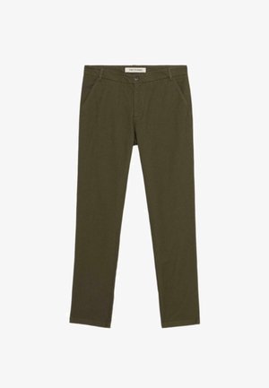 Pantalones verde oliva de mezcla de algodón, con cierre de botón, trabillas para cinturón y dos bolsillos frontales, con un diseño de pierna recta.