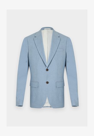 Blazer homme bleu clair avec revers crantés, deux boutons foncés, poches à rabat et doublure crème, présenté sur fond blanc.