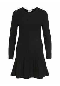 Abito nero a maniche lunghe in maglia ribattuta con scollo a giro e orlo svasato, progettato per una vestibilità attillata nella parte superiore e una vestibilità più rilassata nella parte inferiore.